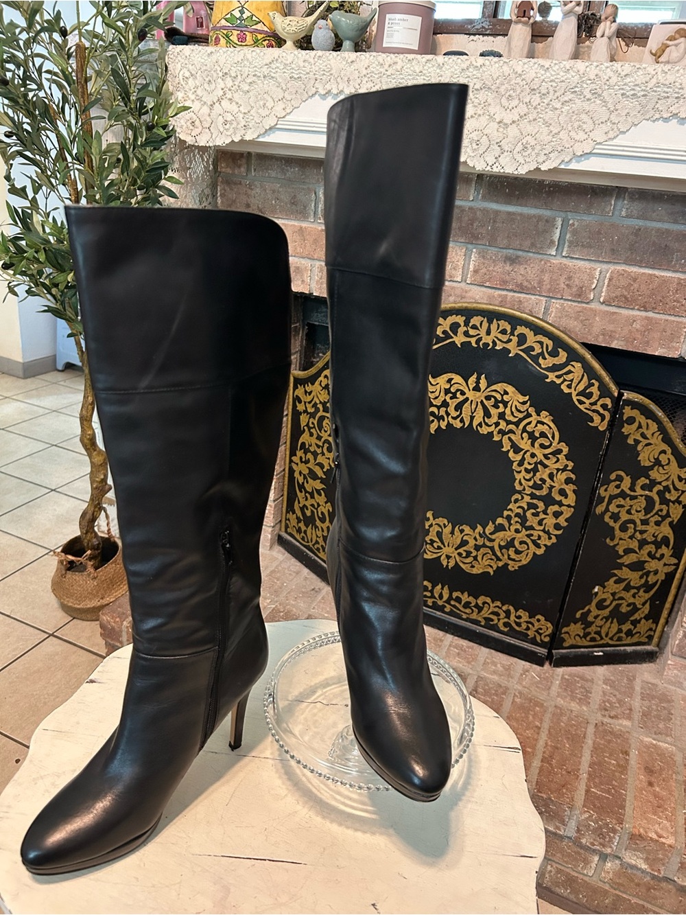 AUDREY BROOKE Black Over-the-Knee Leather Stiletto Boots 8.5 Very Good